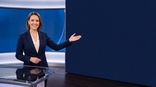 A female news anchor in a dark blue suit standing in a television studio, gesturing towards ad social media download thambnail poster web template event festival 2026 2027 2028