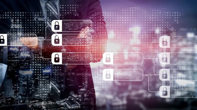 Blockchain structure showing distributed data blocks linked with encryption, representing secure transaction verification, decentralized control, and immutable record system Marrow