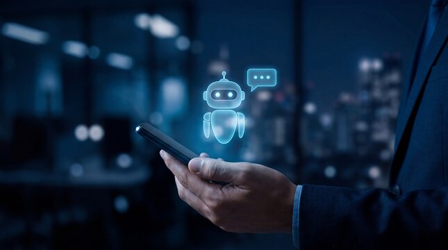 Business professional holding smartphone with glowing AI chatbot icon for artificial intelligence digital communication and automated customer support