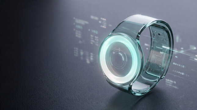Abstract glass wristband smart device with glowing display ring