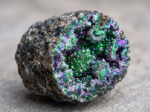 Iridescent green and purple druzy geode crystal stone isolated on a grey background