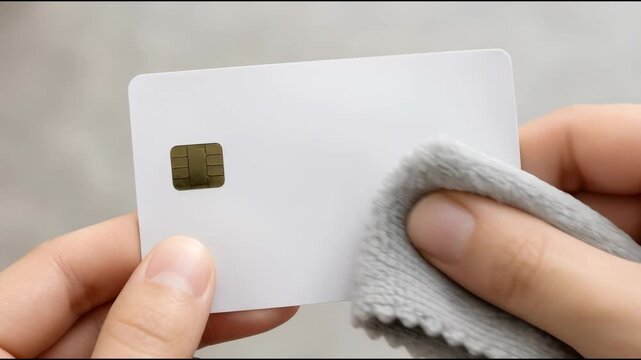Gentle clean hand card chip cloth wipe cleaning closeup plastic card technology hygiene maintenance dust removal closeup secure care smartcard