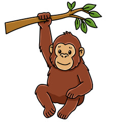 Cute orangutan hanging on tree branch with one hand vector © Seza