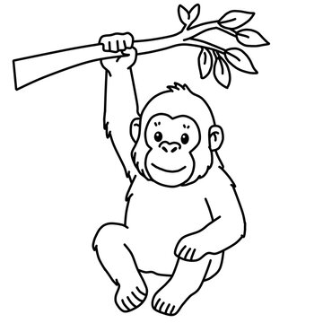 Orangutan hanging on tree branch line art coloring page vector