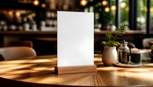 Blank table tent sign mockup on a wooden restaurant table. Perfect for cafe promotion and branding.