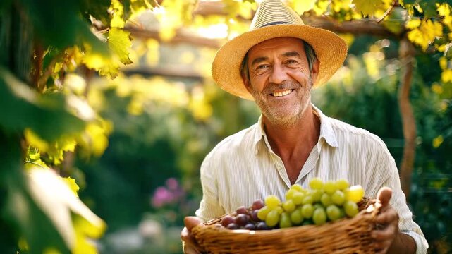 A happy farmer in a straw hat holds a wicker basket with large bunches of green and red grapes. Sunlight filters through the vine leaves. Concept of harvesting, winemaking, and organic farming