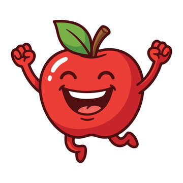 Happy red apple cartoon character, cheerful fruit mascot with arms raised, cute smiling apple illustration for healthy eating