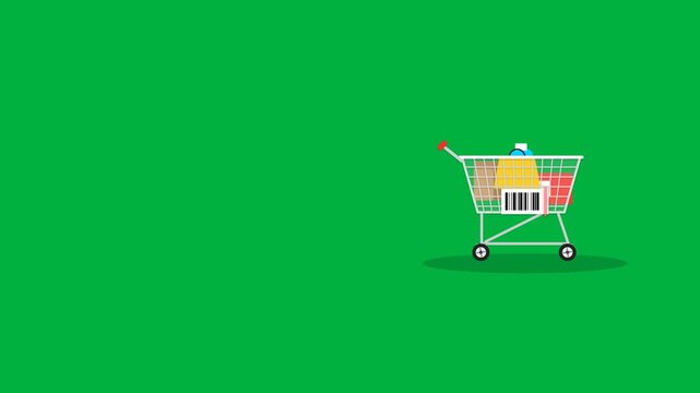 Shopping cart filled with groceries on a green background, flat vector illustration for commerce and retail concepts