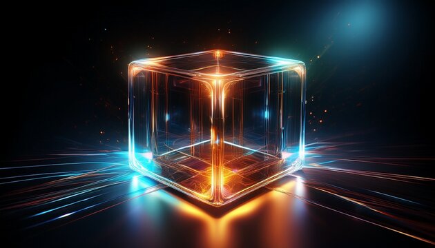 glowing glass cube with light trails on black