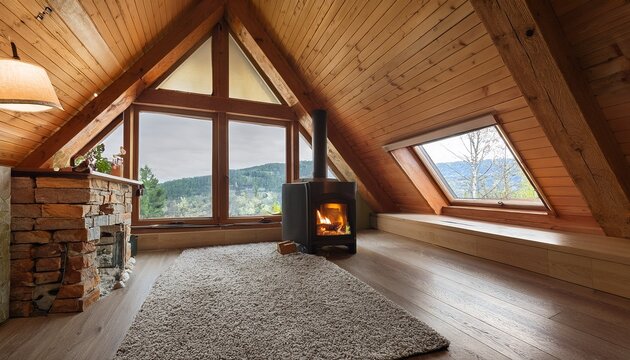 cozy attic room with wood burning stove