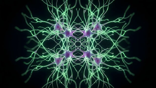 Intricate network of glowing green neurons with purple cell bodies on a black background, abstract scientific visualization.