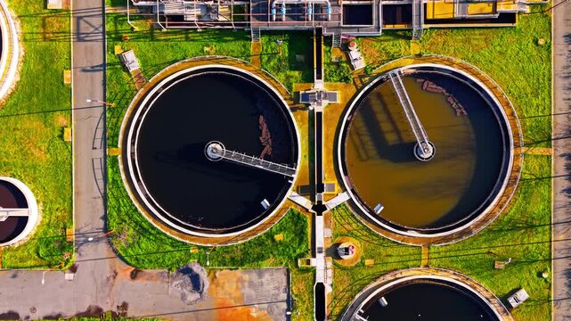 Top down view of water treatment tank. Rotating bridge arm crosses dark and amber colored water inside round concrete basin surrounded by grass.