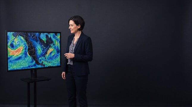 A female meteorologist standing in a television studio next to a large monitor displaying a ad social media download thambnail poster web template event festival 2026 2027 2028