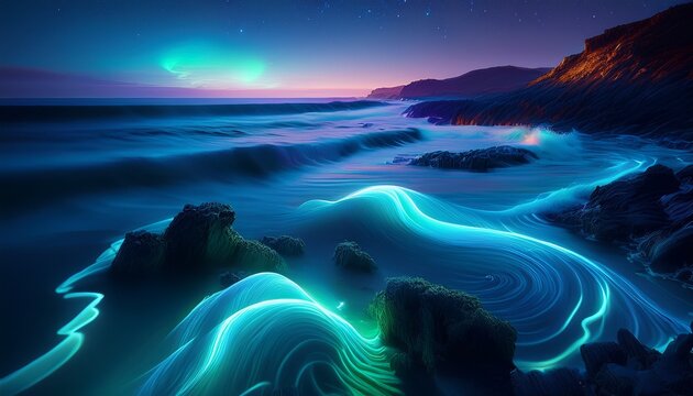 glowing bioluminescent waves swirling near rocky coastline