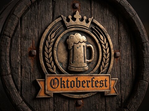 Vintage Style Oktoberfest Emblem with Beer Mug and Wheat Ears on Rustic Dark Wood Barrel Background