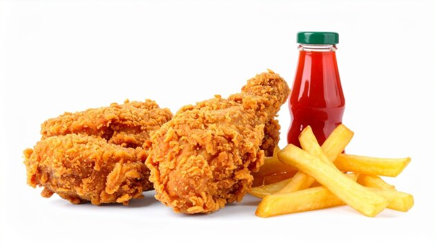Minimalist white background with fried chicken, French fries, and ketchup bottle, symbolizing fast‑food meal, crispy texture, and colorful contrast.