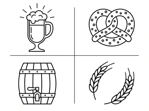 Set of minimalist beer and brewery line icons featuring a glass of beer with foam, a pretzel, a wooden barrel, and wheat stalks