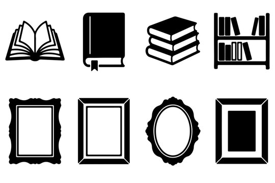 Set of black silhouette icons featuring various books and decorative picture frames isolated on a white background