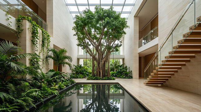 Modern luxury home interior with indoor tree and reflective pool in sunlit atrium