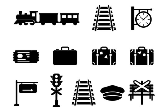 Vintage train travel icons set including locomotive tracks luggage and station elements