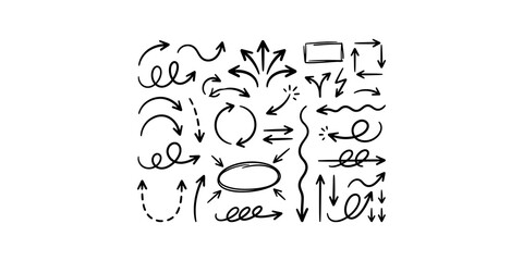 Hand drawn doodle arrow collection isolated on transparent background, set of various black arrows vector. © Akash