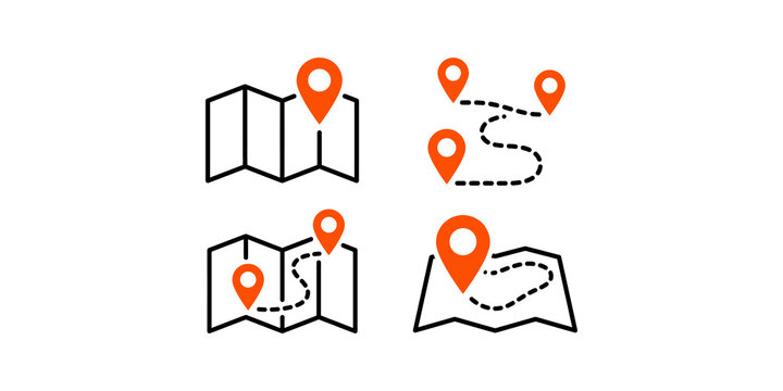Map location marker icons collection featuring various cartography navigation route paths travel destinations and geographic pin graphic elements.
