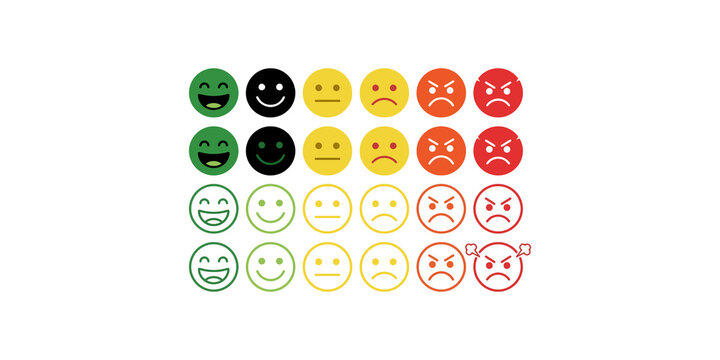 Collection of various emoji face expressions ranging from happy to angry isolated on transparent background for emotional rating system.