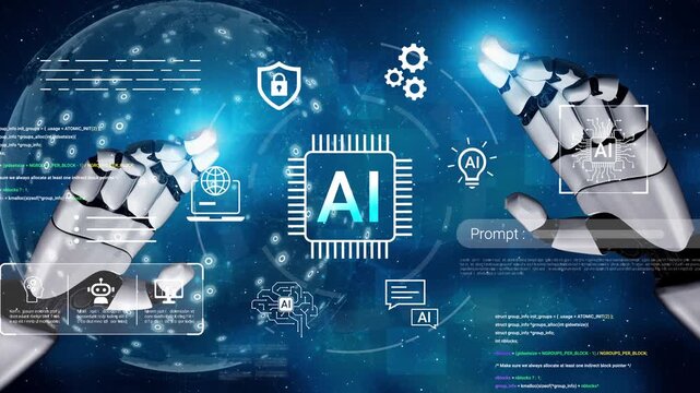Futuristic Interface Showcasing Artificial Intelligence Concepts with Robotic Hands and Data Visualizations in a Digital Environment Gluon.