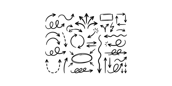 Hand drawn doodle arrow collection isolated on transparent background, set of various black arrows vector.