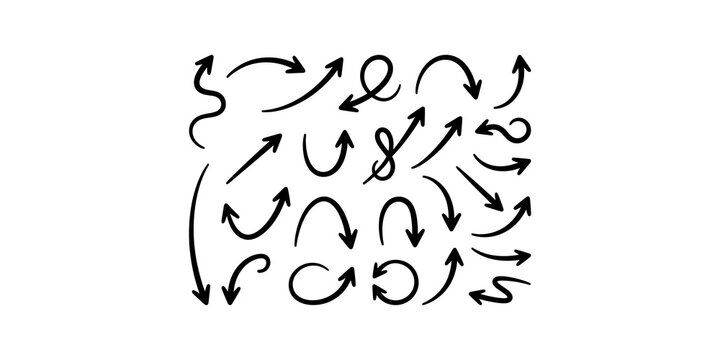 Hand drawn doodle arrow collection isolated on transparent background, set of various black arrows vector.