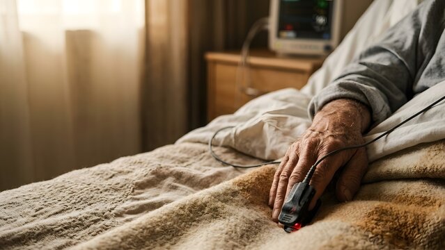 Elderly patient's hand with pulse oximeter attached, in a hospital bed with monitoring equipment in background.