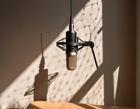 suspended condenser microphone in minimalist studio with aesthetic window shadows
