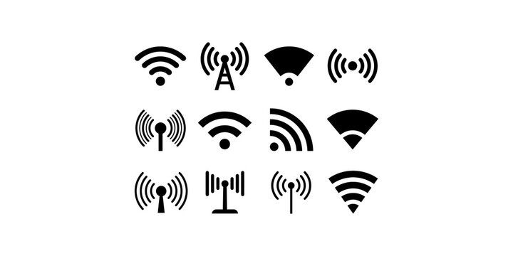 Collection of black wifi and wireless network icons representing signal strength and connectivity on transparent background.