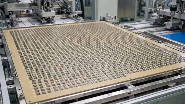 Panel-level advanced packaging with large rectangular panel containing hundreds of chiplets arranged in array for mass production