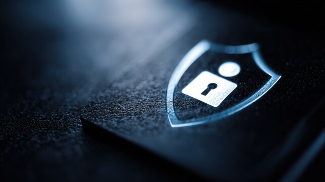 Shield icon with a padlock emblem appears on a dark textured surface for cybersecurity concept.