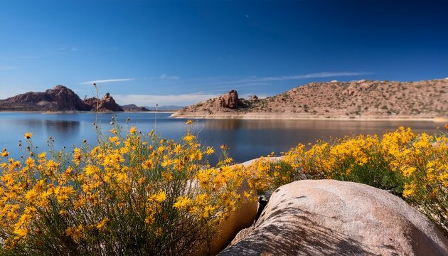 Western Lake Landscape Features Rock And Chamisa Blooms