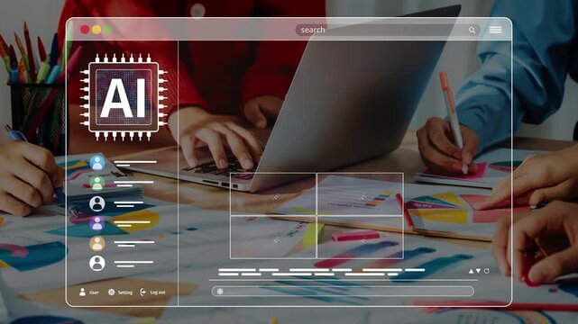A vibrant workspace filled with energy as diverse hands gather around a laptop displaying AI-themed graphics, emphasizing teamwork and creativity in a modern setting. Raster