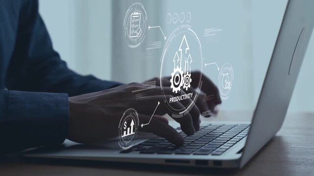 Productivity improvement in digital business, showing productivity tools, productivity tracking, productivity optimization, and workflow for business workplace efficiency. Elide