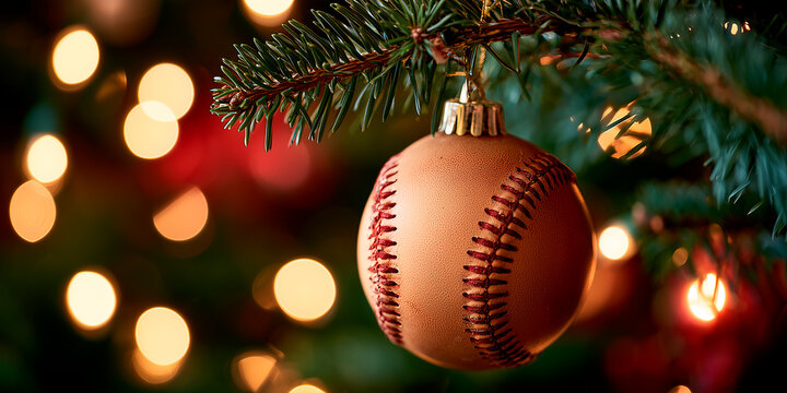 Baseball Christmas ornament hanging from pine branch with festive holiday lights bokeh