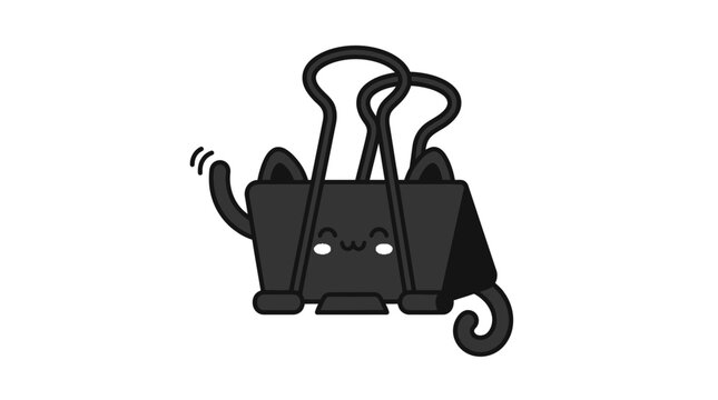Kawaii black cat binder clip illustration, cute feline office supply character, whimsical stationery mascot for school and work organization isolated on White Background Halloween