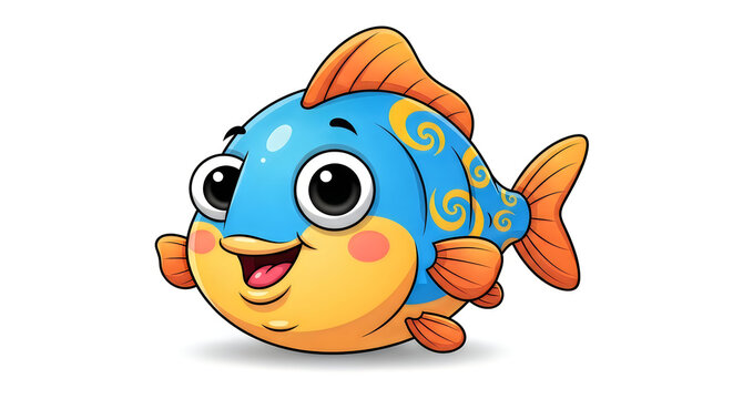 Cute cartoon fish with big eyes and blue orange scales smiling happily as a friendly sea creature