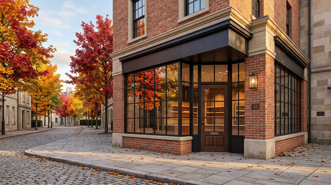 Charming Brick Storefront With Autumn Trees On Cobblestone Street