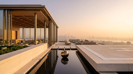 Obraz premium Luxury rooftop lounge with helipad and city skyline view at sunset