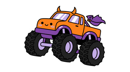 Cute Halloween baby monster truck cartoon with orange body, purple details, bat flag, and horns for holiday fun isolated on White Background Halloween © Md. Amirul Islam
