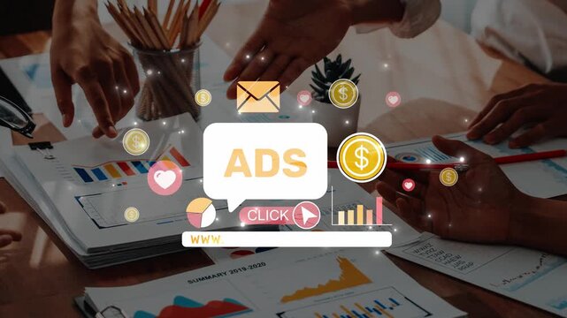 A dynamic business team collaborates on a marketing strategy while utilizing data analytics and creative graphics to enhance advertising campaigns and engage consumers. Raster