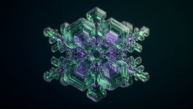 Close-up abstract view of a detailed, geometric snowflake with intricate crystalline structures in green and purple hues against a dark background.