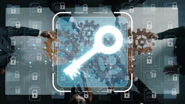 Business Team Collaboration on Security Solutions with Digital Interface Featuring Key Symbol Overlaid on Gears and Data Protection Background Sigmoid