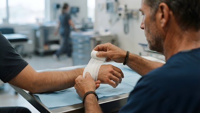 Doctor carefully bandages a patient's injured wrist in a hospital examination room.