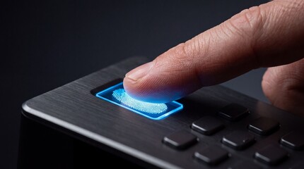 Fototapeta premium A human finger pressing a biometric fingerprint scanner on a dark metallic surface with a ad social media download thambnail poster web template event festival 2026 2027 2028