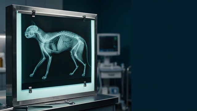 Full body x-ray of a cat displayed on a light box in a veterinary clinic, with medical equipment in the background.